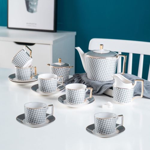 Nordic Ceramic Coffee Pot Set Houndstooth Gold High-end Teapot Set British Teacup And Saucer Logo Can Be Added