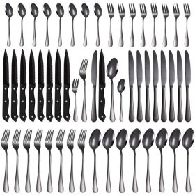 Stainless Steel Tableware 48 Pieces Suit Steak Knife Fork And Spoon (Color: BLACK)